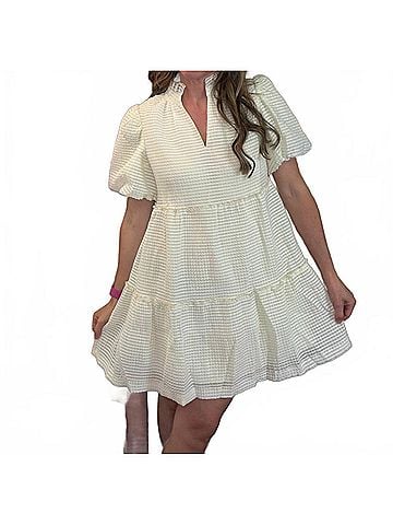 Fantastic Fawn Textured Woven Short Puff Sleeves Dress in Cream (view 2)
