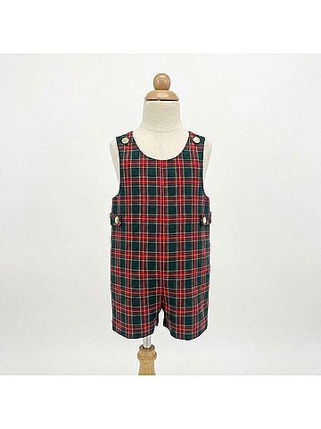 Florence Eiseman Kid's Holiday Plaid Shortall in Green/Red (view 2)