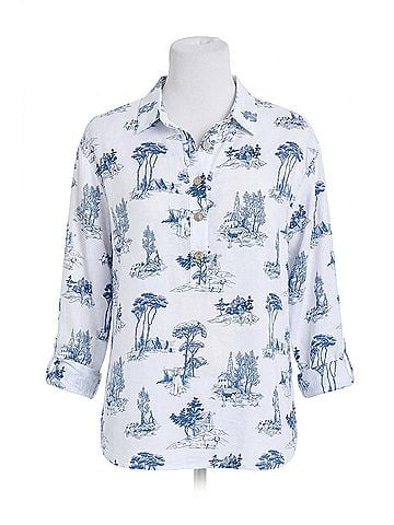 MULTIPLES Roll Tab Cuff Long Sleeve High-Low Shirt Top - Plus in Chambray Print (view 1)