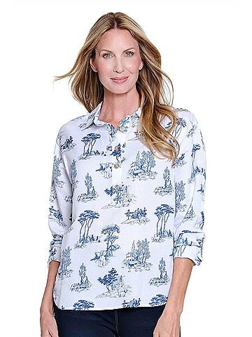 MULTIPLES Roll Tab Cuff Long Sleeve High-Low Shirt Top - Plus in Chambray Print (view 2)