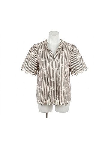 Oddi Embroidered Short Sleeve Blouse in Taupe Stripe (view 1)