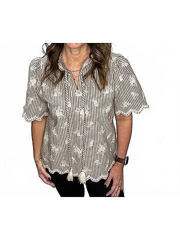 Oddi Embroidered Short Sleeve Blouse in Taupe Stripe (view 2)