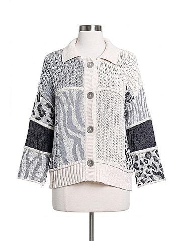 MULTIPLES 3/4 Sleeve Drop Shoulder Patch Sweater Cardigan in Grey Patchwork (view 1)