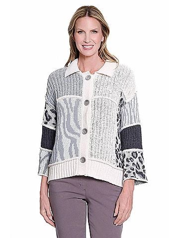 MULTIPLES 3/4 Sleeve Drop Shoulder Patch Sweater Cardigan in Grey Patchwork (view 2)