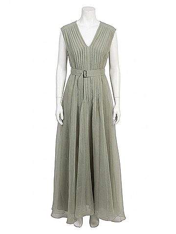 Brunello Cucinelli Crispy Silk Organza Belted Volume Dress in Green (view 1)