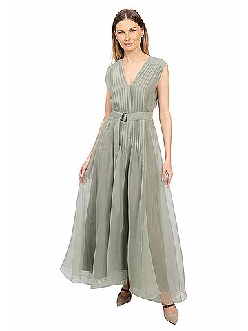 Brunello Cucinelli Crispy Silk Organza Belted Volume Dress in Green (view 2)