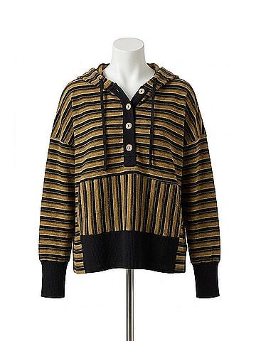 Oddi Striped Textured Jacquard Sweatshirt in Black/Khaki (view 1)