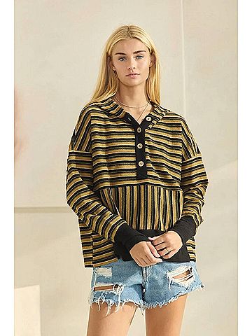 Oddi Striped Textured Jacquard Sweatshirt in Black/Khaki (view 2)