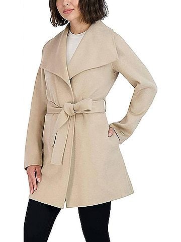T Tahari Womens Ella Jacket Wool Wrap Coat With Tie Belt in Light Beige Ivory (view 2)