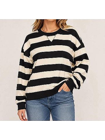Hem & Thread Oversized Rugby Stripe Sweatshirt in Black (view 2)