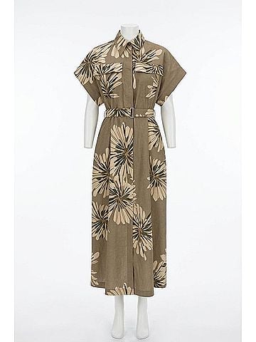 Brunello Cucinelli Women's Floral Print Chemisier Dress in Taupe (view 2)