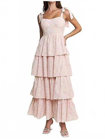 J.NNA Floral Print Tiered Midi Dress in Pink (view 2)