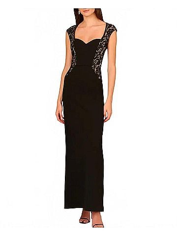 Aidan Mattox Lace Trim Crepe Column Gown in Black/Nude (view 2)