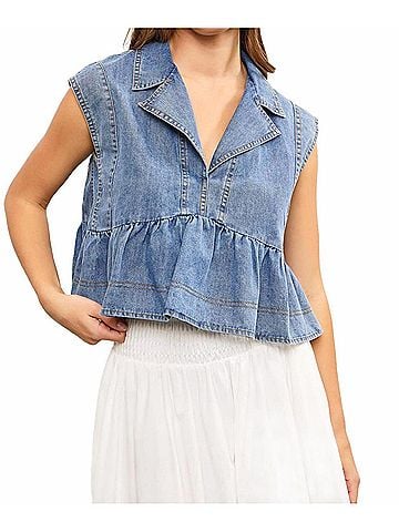 Mustard Seed Aurora Babydoll Top in Washed Denim (view 2)
