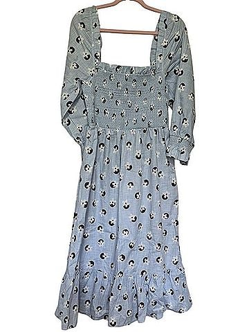 Kate Spade New York Blue Floral Smocked Square Neck Midi Dress Casual Dress (view 2)