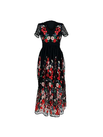 Maje Maje Raphael Floral-Embroidered Midi Dress in Black Polyester (view 1)