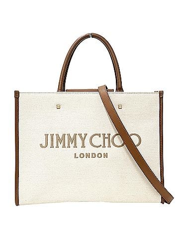 Jimmy Choo Jimmy Choo women's handbag, Avenue M model, 2-way handbag/shoulder bag, canvas and leather, available in brown, ivory, off-white, brown tote/shoulder styles. (view 1)