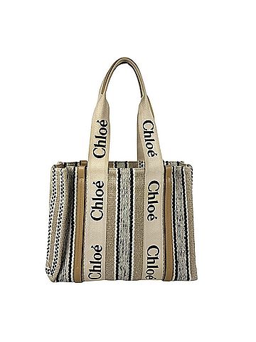 Chloé Chloé Chloe Woody Medium Tote Bag, Linen, Beige/Black, Women's, z11241 (view 1)