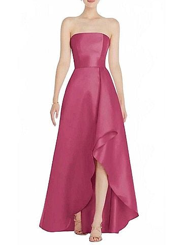 Alfred Sung Strapless Satin High Low Formal Dress in Tea Rose (view 2)
