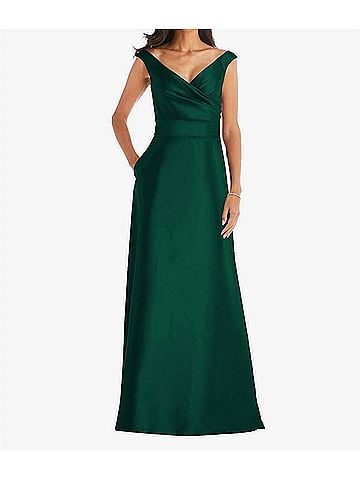 Alfred Sung Off Shoulder Draped Wrap Satin Maxi Dress in Hunter Green (view 2)