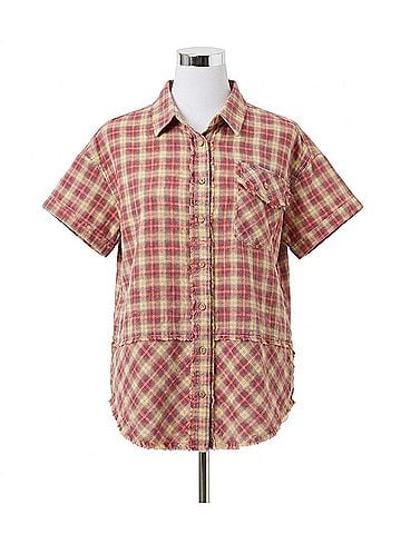 Blue Velvet Forever Washed Flannel Short Sleeve Shirt in Burgundy Plaid (view 1)