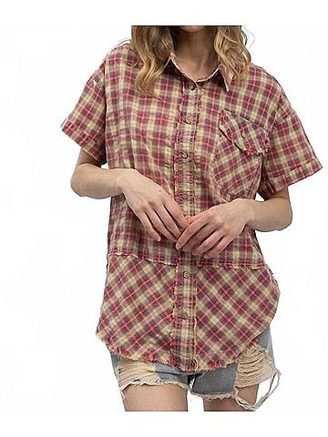 Blue Velvet Forever Washed Flannel Short Sleeve Shirt in Burgundy Plaid (view 2)
