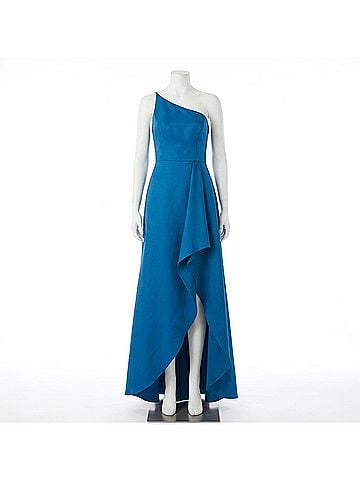 Alfred Sung One-Shoulder With Draped Front Slit And Pockets Satin Gown in Blue (view 1)