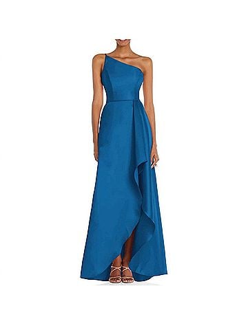 Alfred Sung One-Shoulder With Draped Front Slit And Pockets Satin Gown in Blue (view 2)