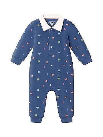 Andy & Evan Boy's Fall Themed Rugby Romper in Blue (view 1)