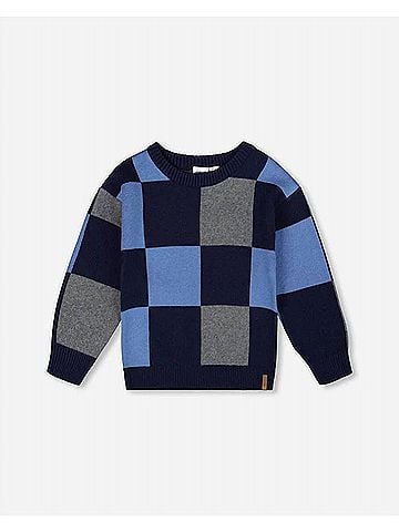 Deux Par Deux Boys' Checker Knit Sweater 10 Mo in Blue/Grey (view 2)