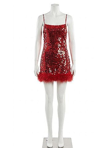 OW Collection Luna Sequin Feather Dress in Red (view 1)