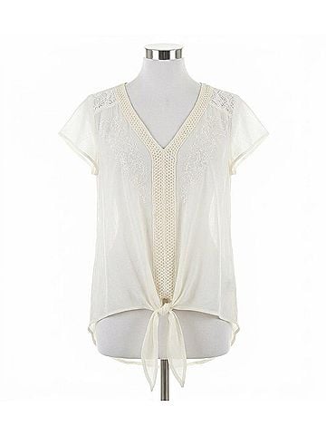 Nostalgia V Neck Tie Waist Top With Embroidery And Lace in Ivory (view 1)
