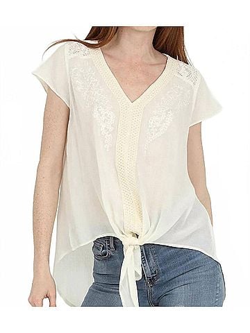 Nostalgia V Neck Tie Waist Top With Embroidery And Lace in Ivory (view 2)