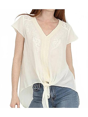 Nostalgia V Neck Tie Waist Top With Embroidery And Lace in Ivory (view 2)
