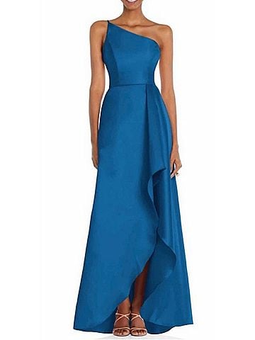 Alfred Sung One-Shoulder Twill High-Low Gown in Classic Blue (view 2)