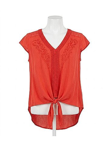 Nostalgia V Neck Tie Waist Top With Embroidery And Lace in Coral (view 1)