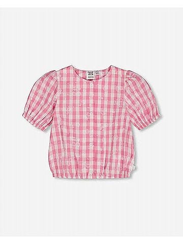 Deux Par Deux Girl's Puff Sleeve Top 5 Mo in Pink/White Check (view 2)