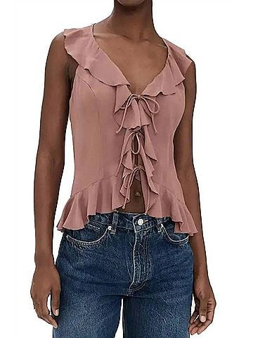 Reformation Paulette Ruffle Tie Front Tank in Mink (view 2)