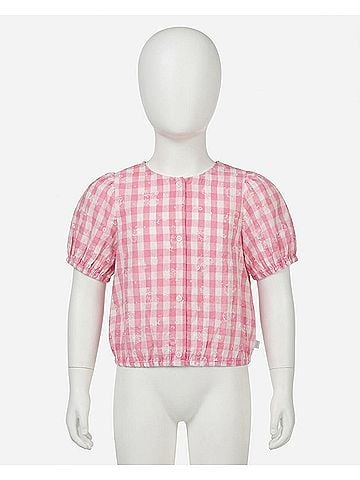 Deux Par Deux Girl's Puff Sleeve Top 8 Mo in Pink/White Check (view 1)