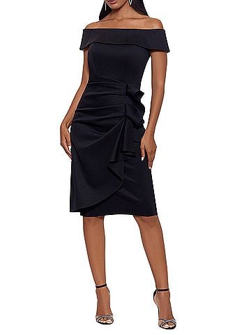Xscape off the shoulder cap sleeve sheath ruched side scuba Cocktail Dress (view 1)
