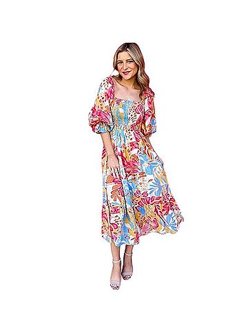 Entro Tropical Puff Sleeve Smocked Midi Dress Casual Dress (view 2)