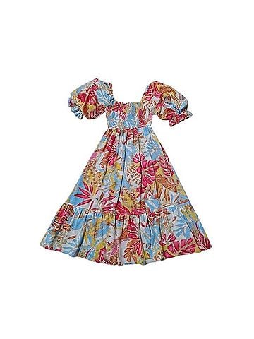 Entro Tropical Puff Sleeve Smocked Midi Dress Casual Dress (view 1)