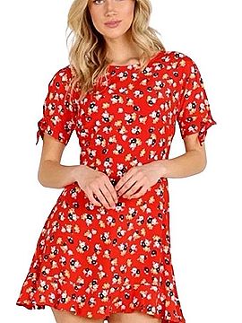 Faithfull the Brand Red Floral Tie-Sleeve Mini Dress Casual Dress (view 1)