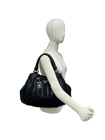 Prada PRADA Prada Logo Hardware Stripe Tessuto Nylon Nappa Leather Genuine Tote Bag Handbag Black 10913 (view 2)