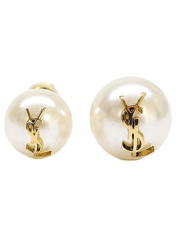 Yves Saint Laurent Yves Saint Laurent SAINT LAURENT PARIS 691563 Cassandra Logo Asymmetrical Glass Pearl Earrings White Gold Women's (view 1)