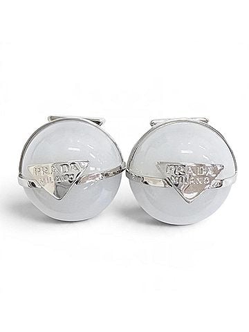 Prada PRADA 1I0239 Triangle Logo Crystal Ball Earrings, Pair, White/Silver, Made in Italy, Women's, Comes with Box and Dust Bag. (view 1)
