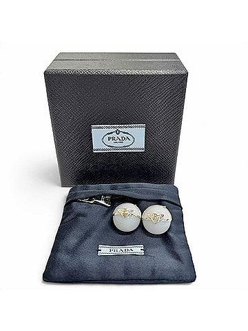 Prada PRADA 1I0239 Triangle Logo Crystal Ball Earrings, Pair, White/Silver, Made in Italy, Women's, Comes with Box and Dust Bag. (view 2)