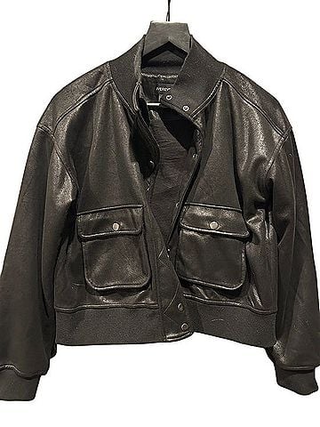 Evereve Black Faux Leather Bomber Jacket With Snap Flap Pockets Jacket (view 1)