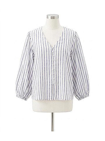 Karen Kane Stripe Layered Sleeve Shirred Blouse - Plus in Off White With Blue (view 1)