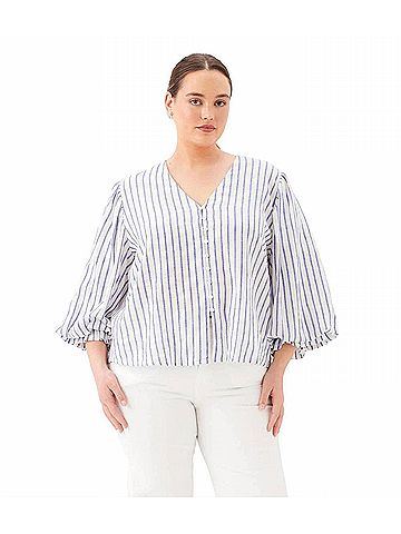 Karen Kane Stripe Layered Sleeve Shirred Blouse - Plus in Off White With Blue (view 2)